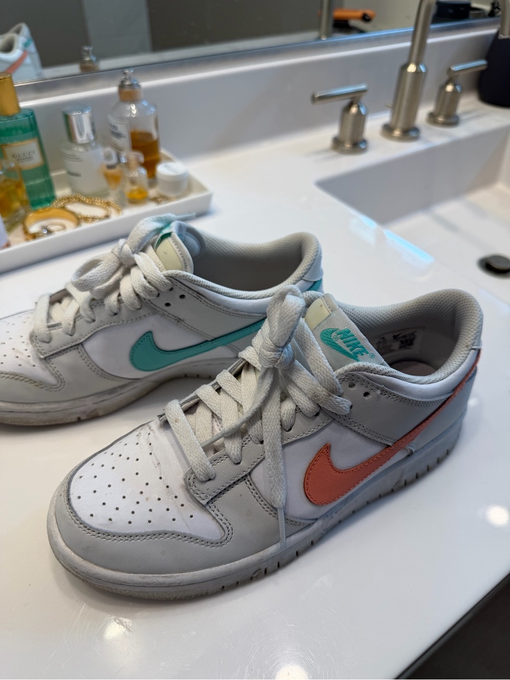 Nike Women’s Low-Top Sneakers White with Teal and Coral Swooshes